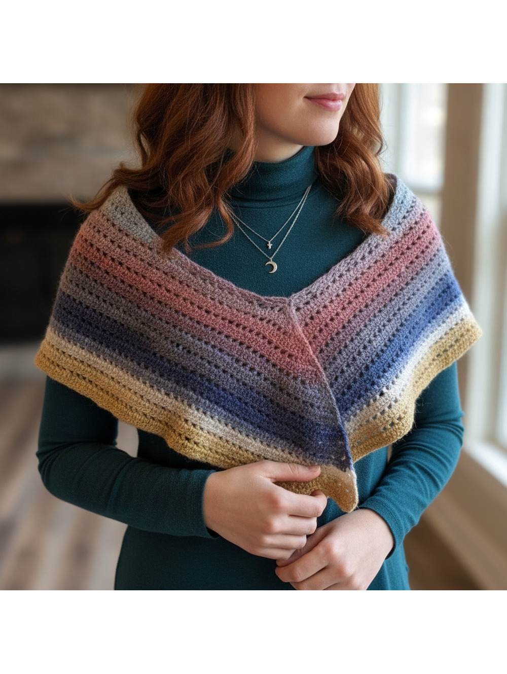 Handmade Crochet Triangle Prayer Shawl, Gold, Purple, Red, Gray, Soft, Ombre